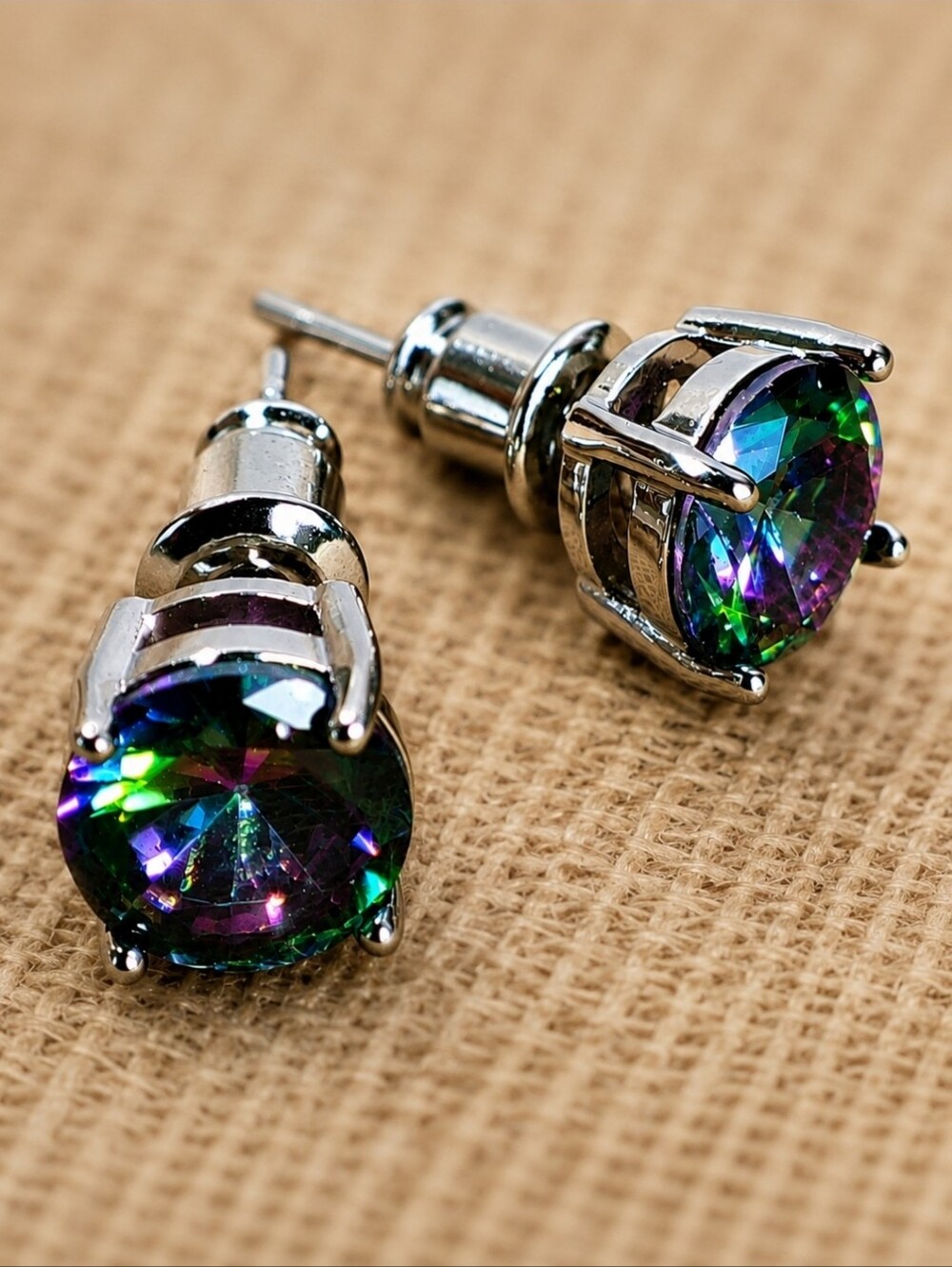 Mystic Topaz Purple Blue Green Rainbow Big Stud Pierced Silver Tone Earrings NEW